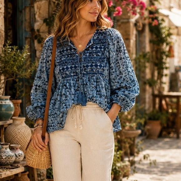 Sigrid Olsen Tops - Sigrid Olsen Blue Geometric Smocked Peplum Blouse Tassel Boho Rayon Top Folk